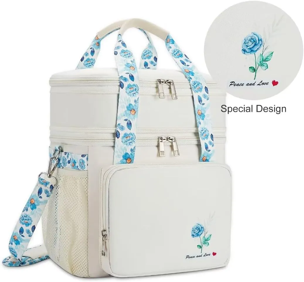 Insulated Lunch Bag Box for Women - Dual Compartment Waterproof Reusable Large Lunch Box for Women Wide-Open Tote Cooler Bag For Working Picnic Hiking (16L, White-Flowers)