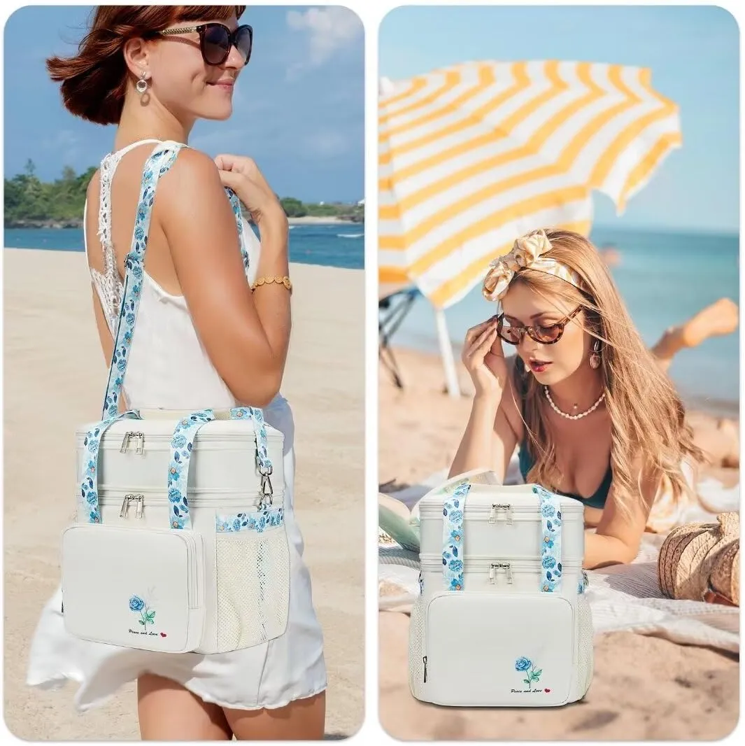 Insulated Lunch Bag Box for Women - Dual Compartment Waterproof Reusable Large Lunch Box for Women Wide-Open Tote Cooler Bag For Working Picnic Hiking (16L, White-Flowers)