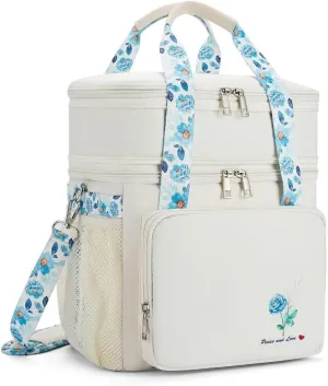 Insulated Lunch Bag Box for Women - Dual Compartment Waterproof Reusable Large Lunch Box for Women Wide-Open Tote Cooler Bag For Working Picnic Hiking (16L, White-Flowers)