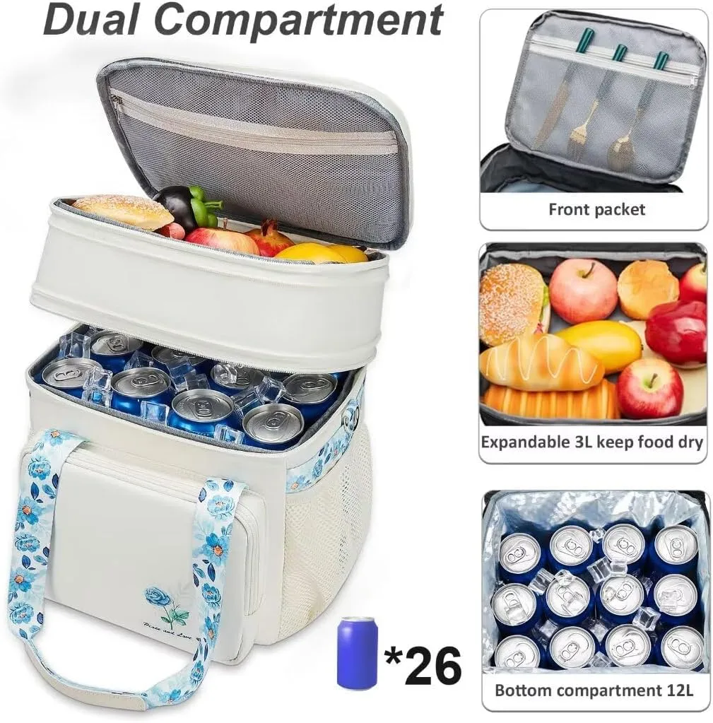 Insulated Lunch Bag Box for Women - Dual Compartment Waterproof Reusable Large Lunch Box for Women Wide-Open Tote Cooler Bag For Working Picnic Hiking (16L, White-Flowers)