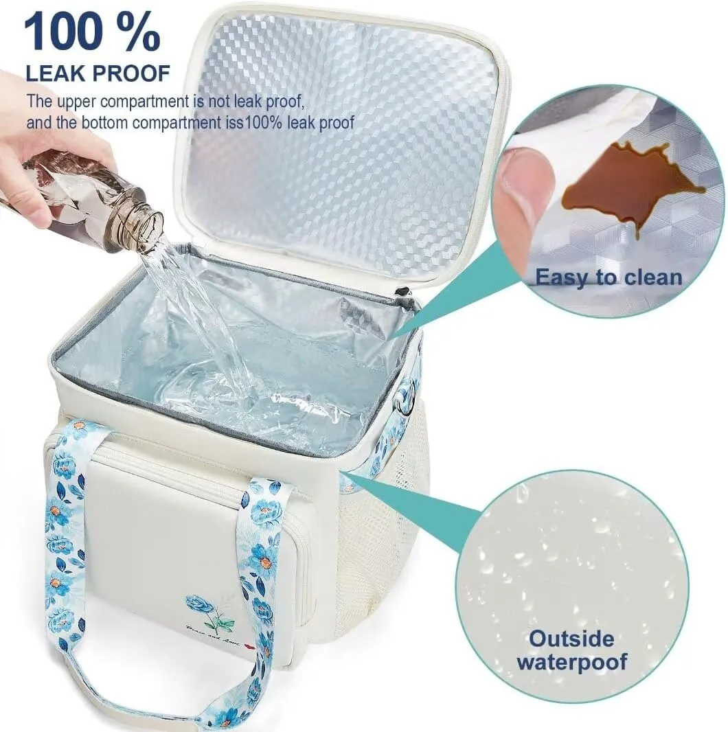 Insulated Lunch Bag Box for Women - Dual Compartment Waterproof Reusable Large Lunch Box for Women Wide-Open Tote Cooler Bag For Working Picnic Hiking (16L, White-Flowers)