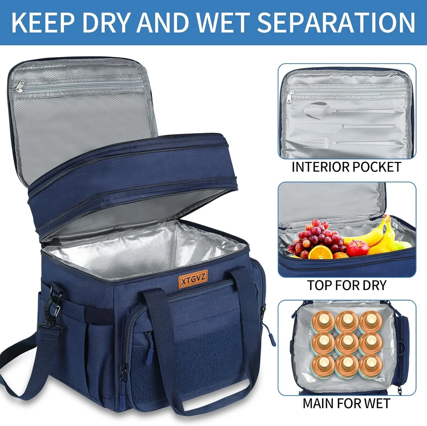 Insulated Lunch Bag for Men, Large Mens Lunchbox for Work, Adult Lunch Box with Dual Compartments and Water Bottle Holder, Heavy Duty Double Decker Lunch Bag for Travel, Construction(Blue) 24L