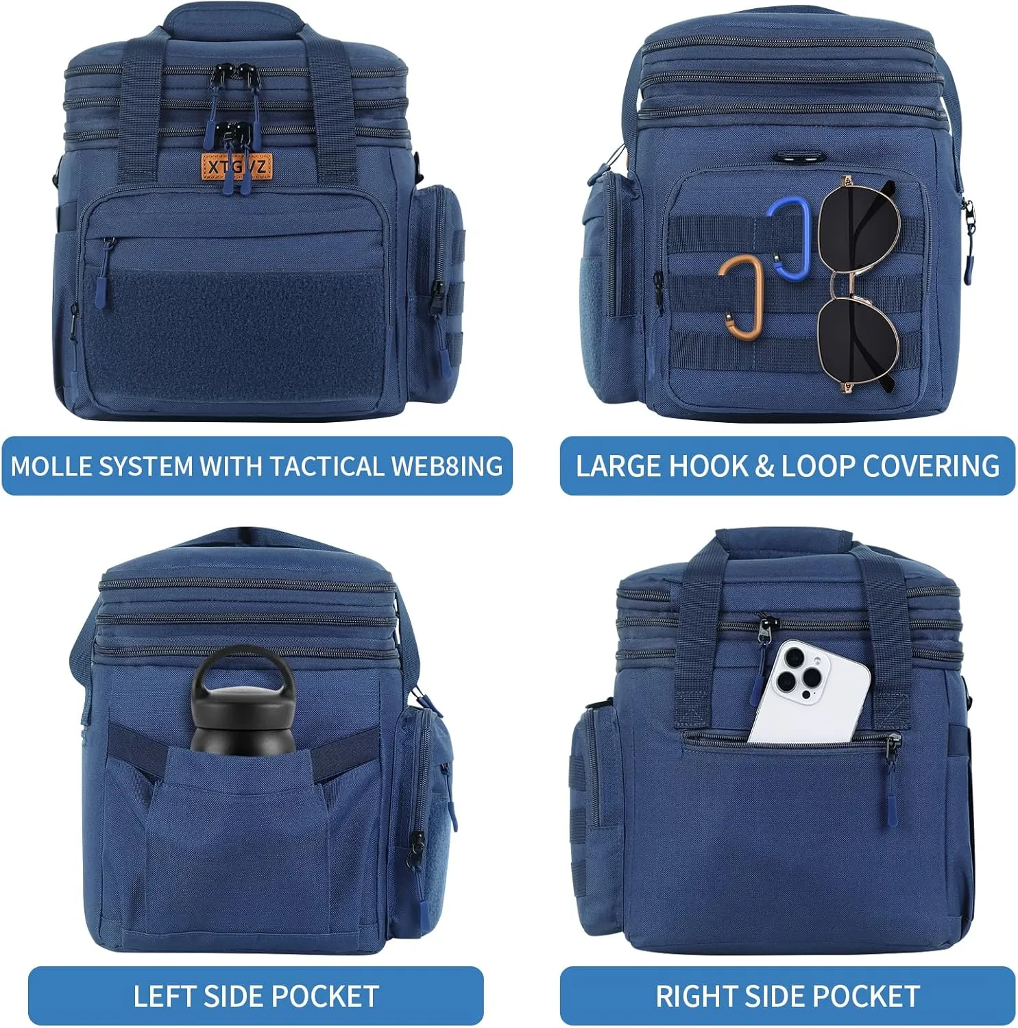Insulated Lunch Bag for Men, Large Mens Lunchbox for Work, Adult Lunch Box with Dual Compartments and Water Bottle Holder, Heavy Duty Double Decker Lunch Bag for Travel, Construction(Blue) 24L