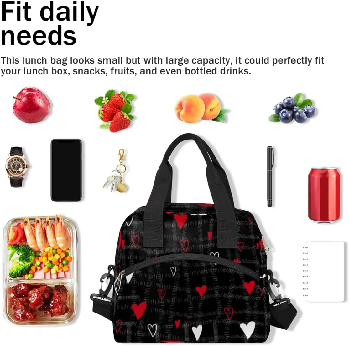 Insulated Lunch Bag for Women Men Abstraction Love Hearts Leakproof Cooler Tote Bag Large Reusable Adult Lunch Box with Adjustable Shoulder Strap for Office Work Picnic Travel Beach