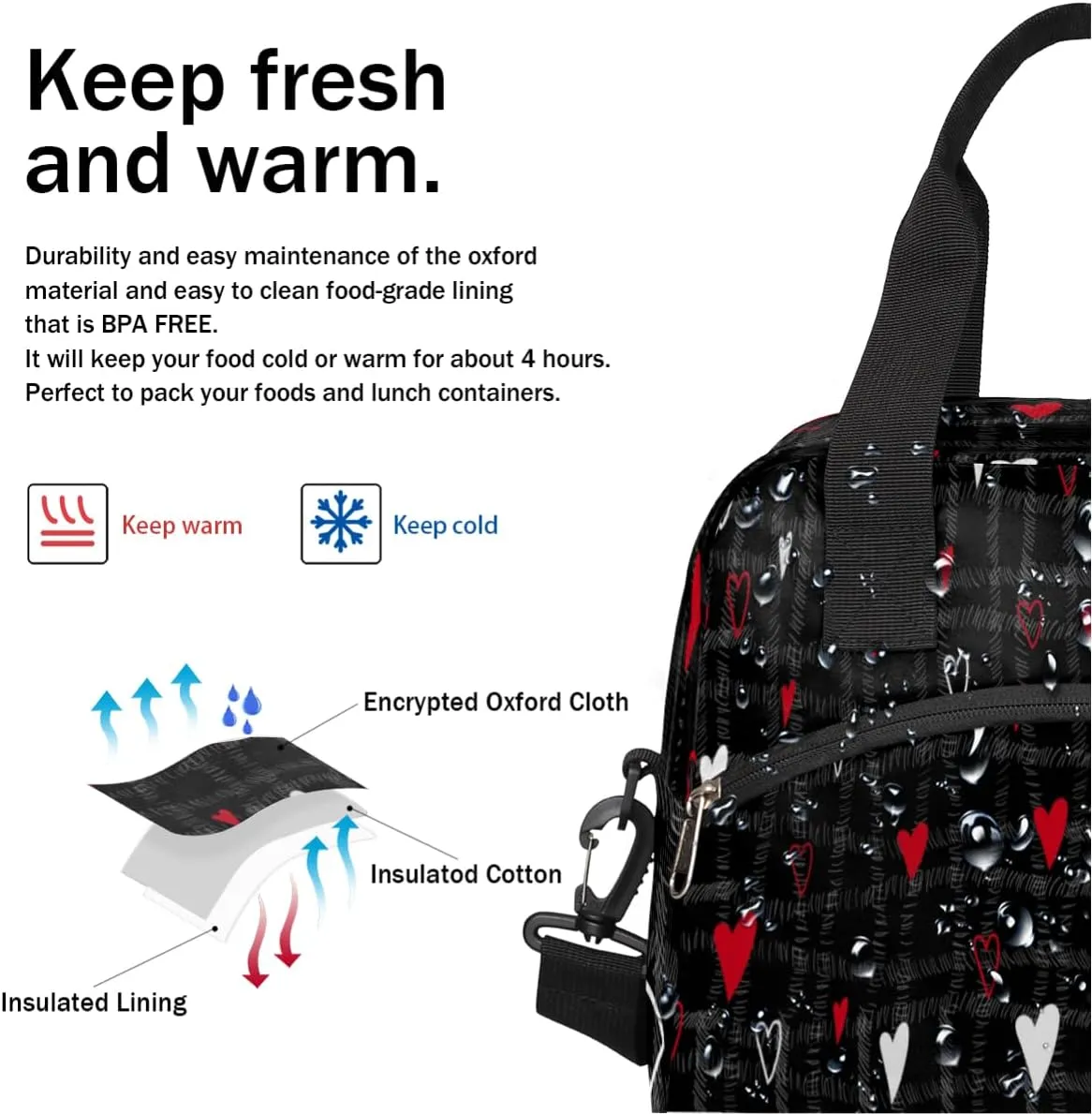 Insulated Lunch Bag for Women Men Abstraction Love Hearts Leakproof Cooler Tote Bag Large Reusable Adult Lunch Box with Adjustable Shoulder Strap for Office Work Picnic Travel Beach