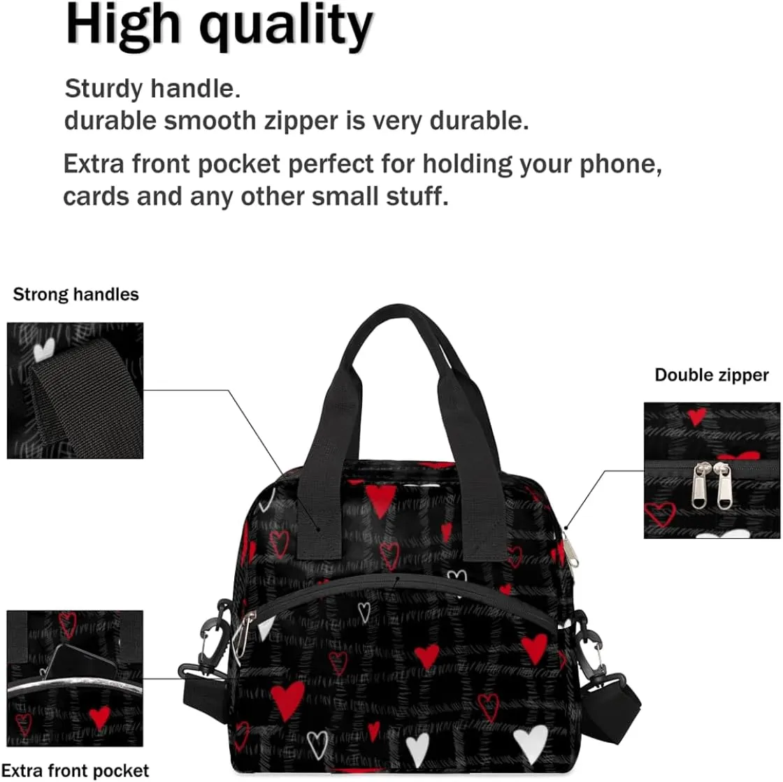 Insulated Lunch Bag for Women Men Abstraction Love Hearts Leakproof Cooler Tote Bag Large Reusable Adult Lunch Box with Adjustable Shoulder Strap for Office Work Picnic Travel Beach