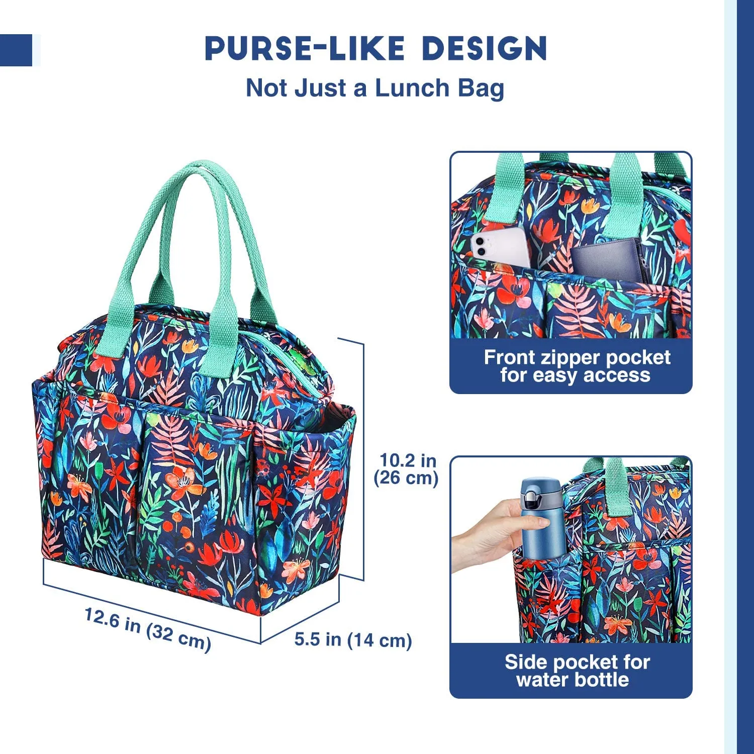 Insulated Lunch Bag, Leakproof Lunch Cooler with Front and Side Pockets - Jungle Night