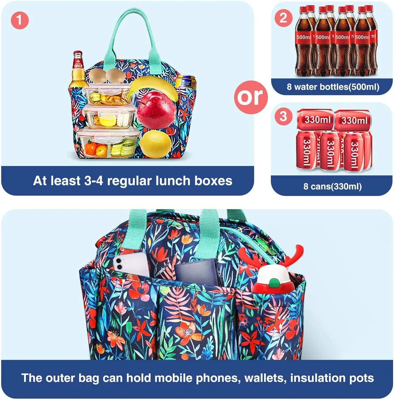 Insulated Lunch Bag, Leakproof Lunch Cooler with Front and Side Pockets - Jungle Night