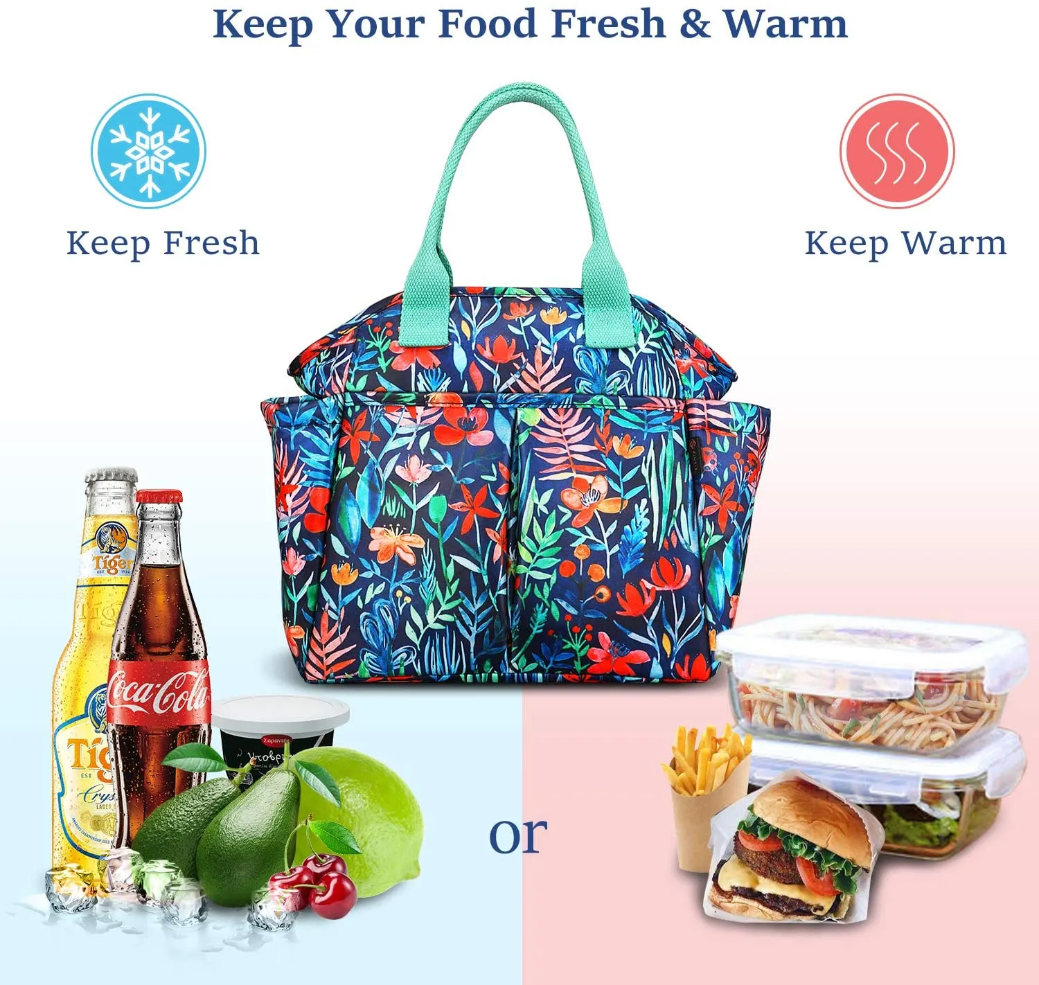 Insulated Lunch Bag, Leakproof Lunch Cooler with Front and Side Pockets - Jungle Night