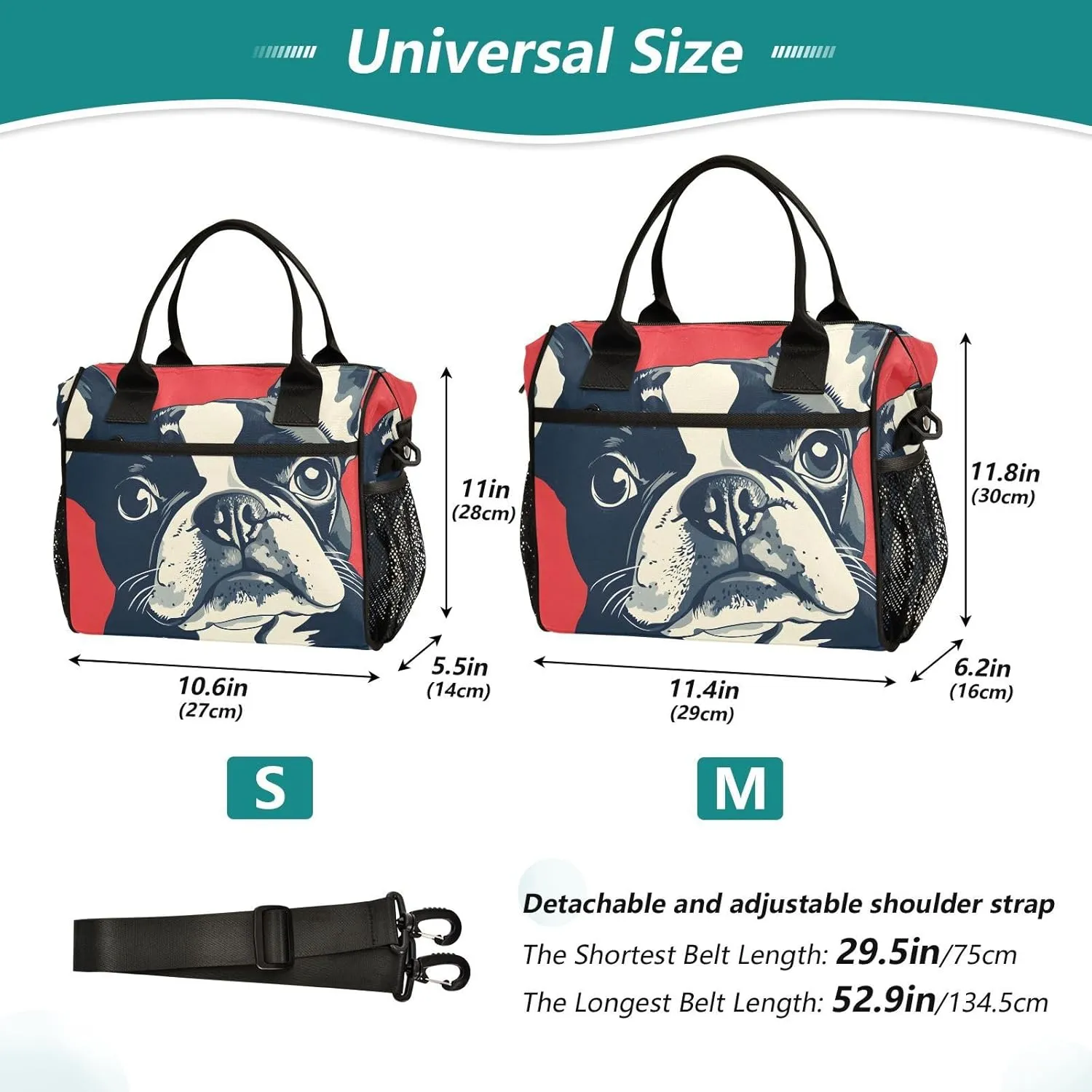 Insulated Lunch Bag-Portrait Bulldog 16 Can with Adjustable Strap, Aluminum Foil Interior Thermal Meal Tote for Work Travel Outdoor-Medium