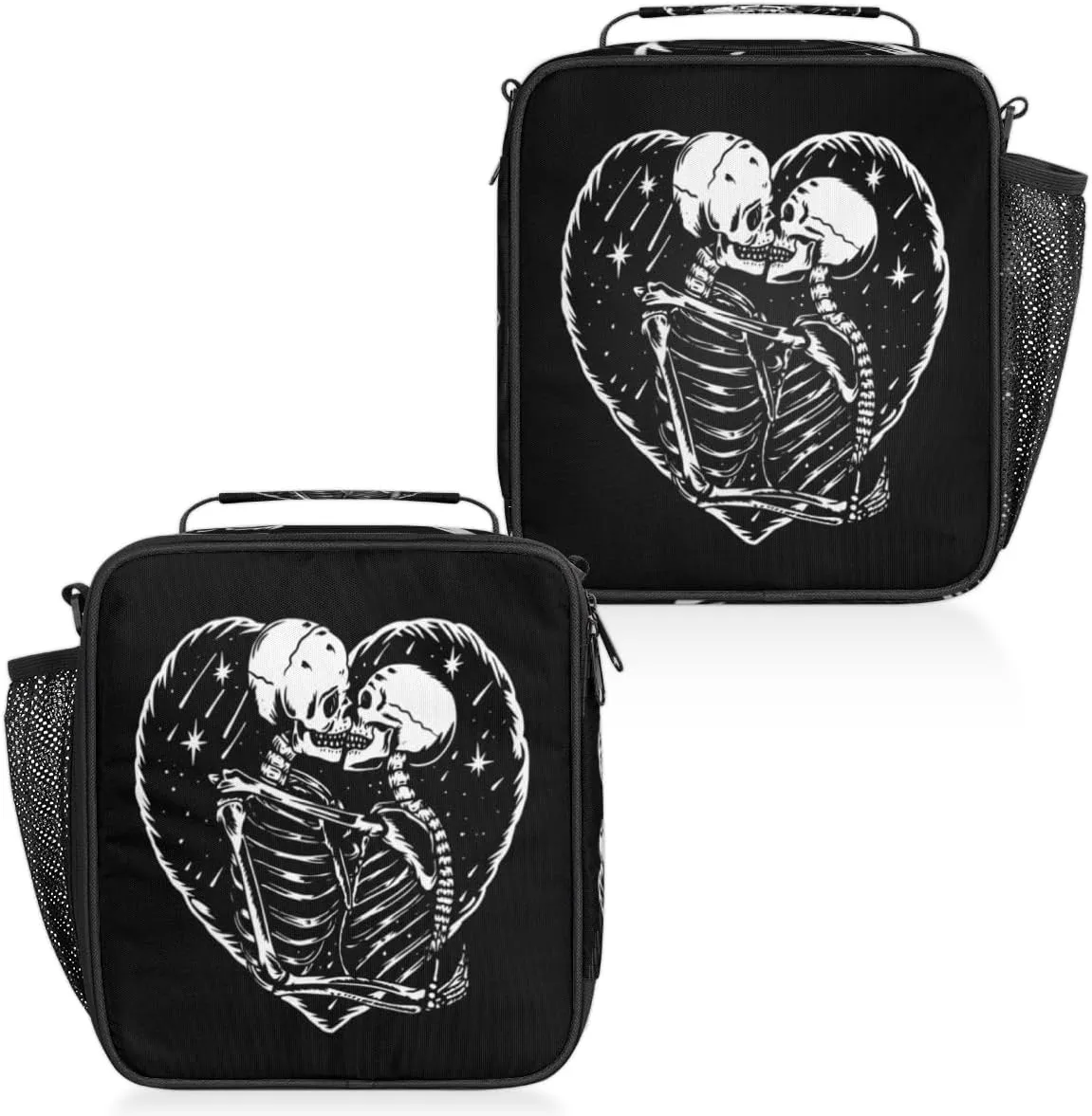 Insulated Lunch Bag Reusable Waterproofing Skeleton Skull Love Kiss Lunch Box with Shoulder Strap Handle and Water Bottle Net Bag for Travel Camping Beach Picnic