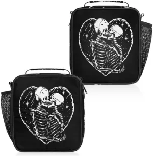 Insulated Lunch Bag Reusable Waterproofing Skeleton Skull Love Kiss Lunch Box with Shoulder Strap Handle and Water Bottle Net Bag for Travel Camping Beach Picnic
