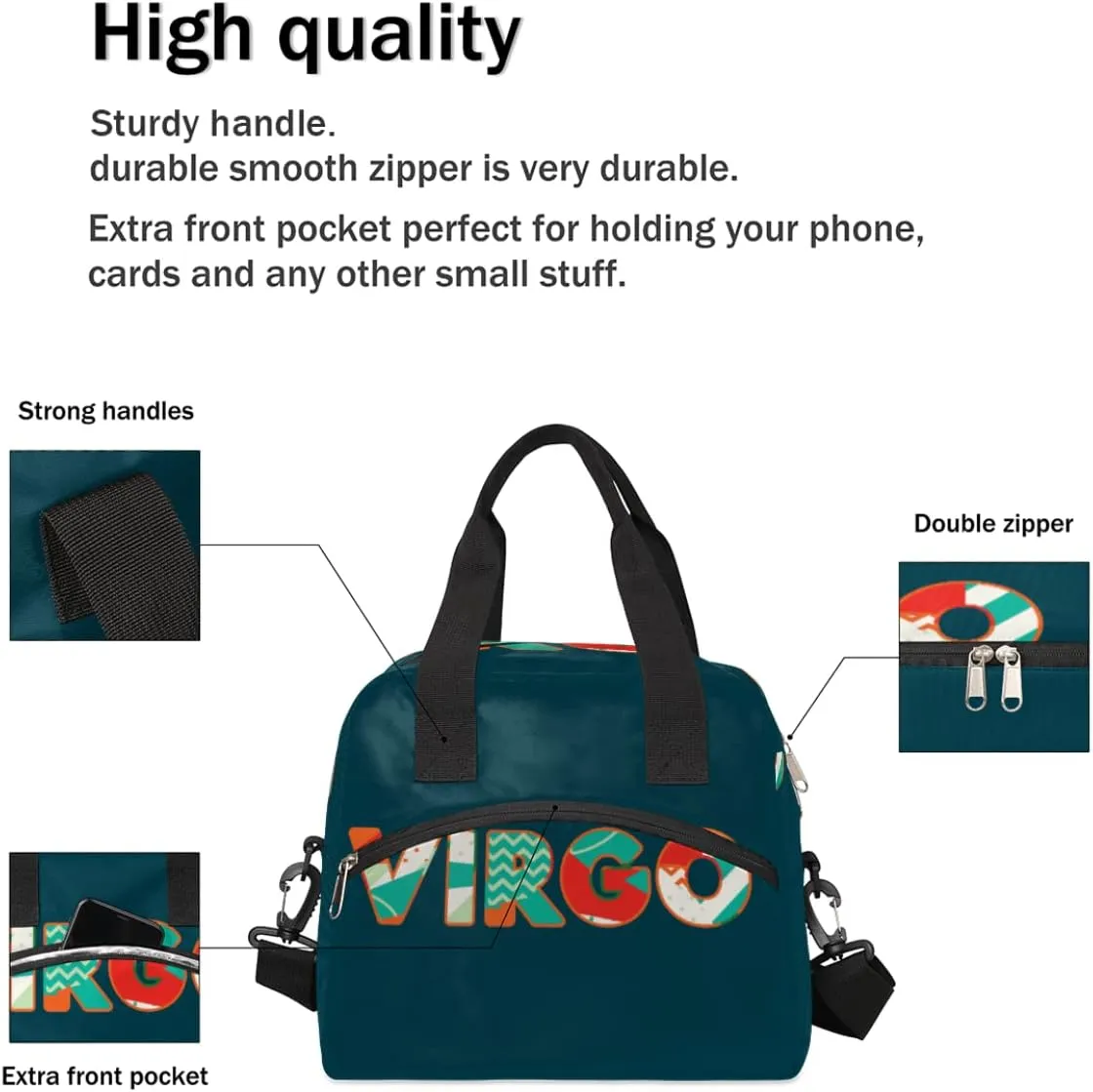 Insulated Lunch Bag Women Men Virgo Large Reusable Lunch Box Leakproof Lunch Tote Bag Cooler Bag with Adjustable Shoulder Strap Travel Picnic Work Beach