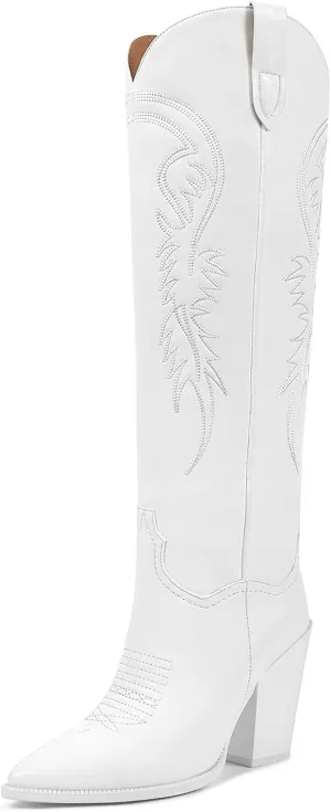 ISNOM Women's Cowgirl Boots Pull On Knee High Boots, Cowboy Western Embroidered Chunky Block Heel Pointed Toes Boots