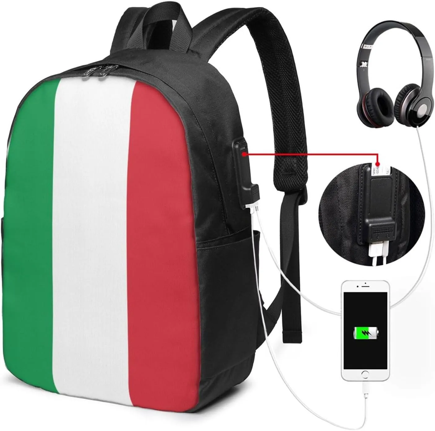 Italy Flag Laptop Backpacks Travel Backpack Casual Business Daypack Sport Rucksack Computer Bag Fits up to 17 Inch Notebook with USB Port