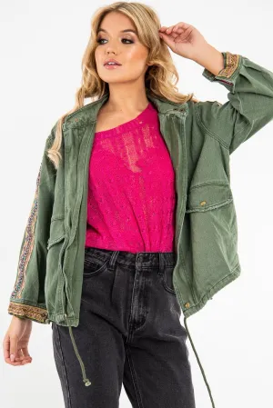 Jacket Embroidered Parka Custom-built Detail Sleeve Khaki Denim - Kaori Top choice
