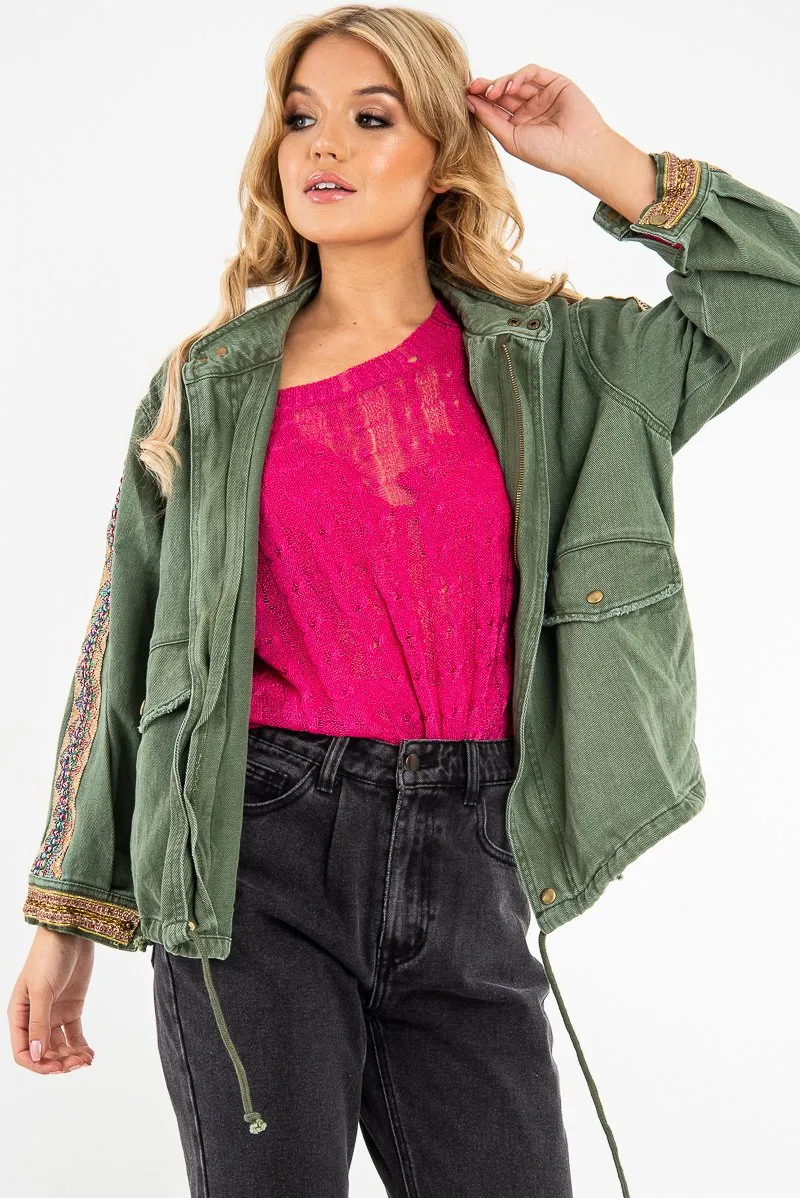 Jacket Embroidered Parka Custom-built Detail Sleeve Khaki Denim - Kaori Top choice