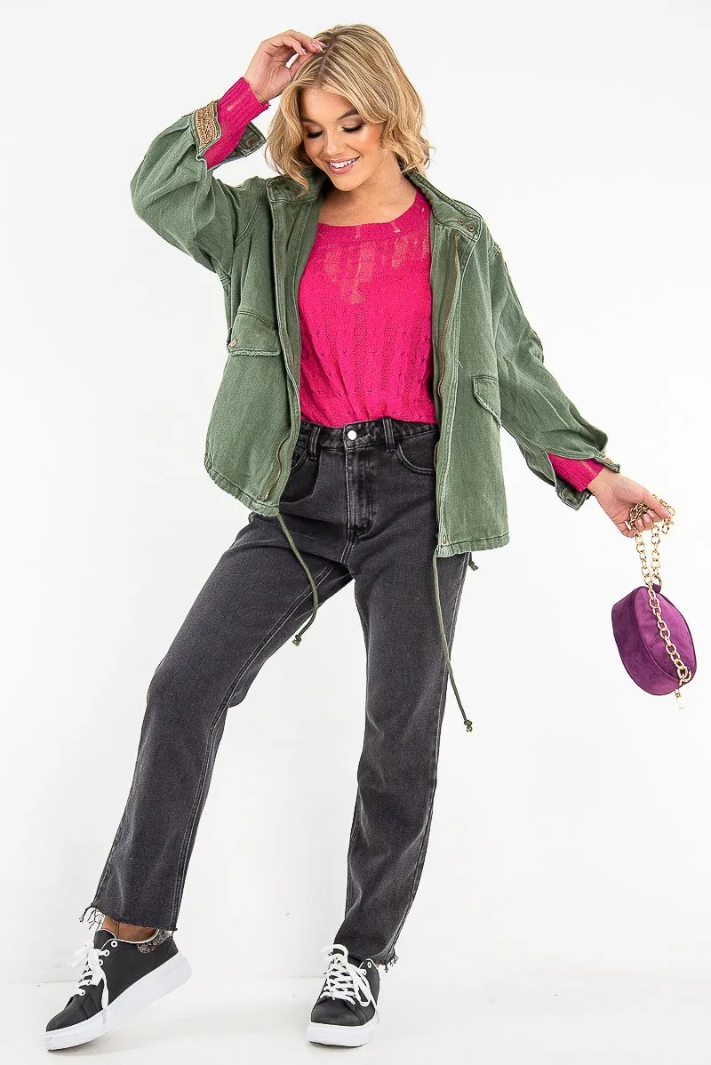 Jacket Embroidered Parka Custom-built Detail Sleeve Khaki Denim - Kaori Top choice