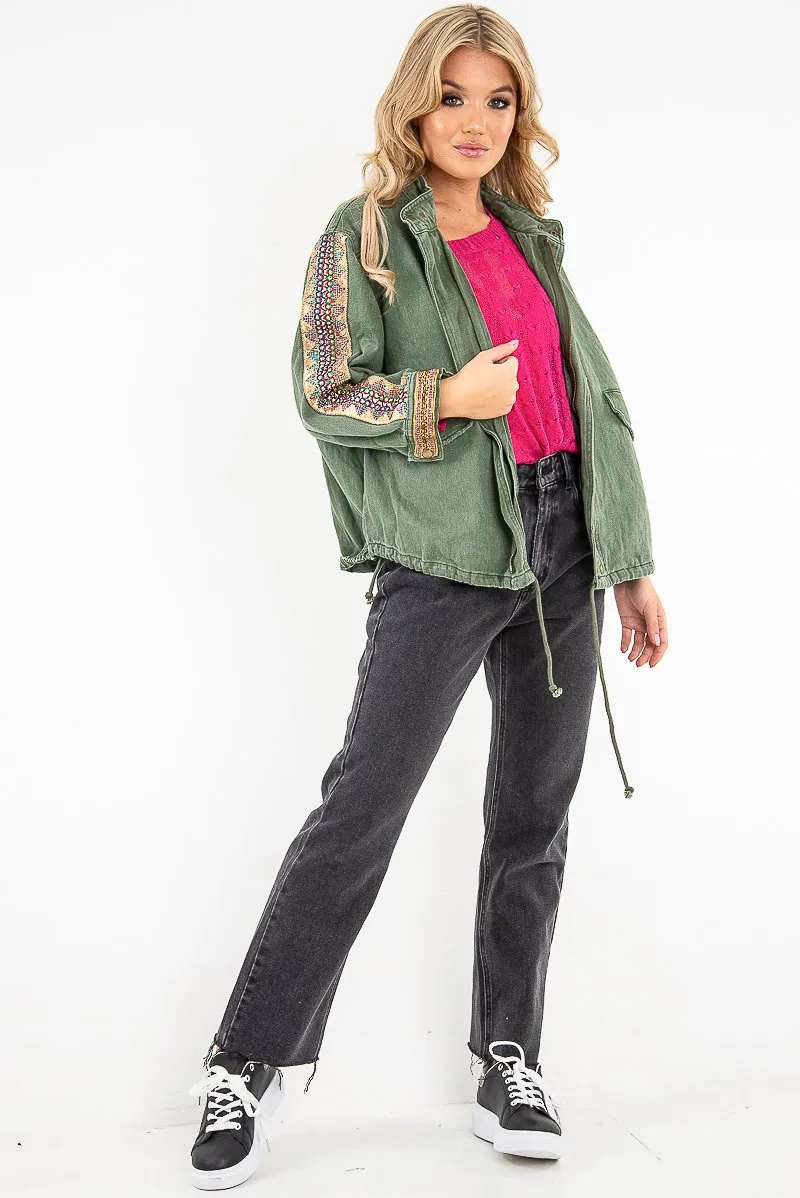 Jacket Embroidered Parka Custom-built Detail Sleeve Khaki Denim - Kaori Top choice