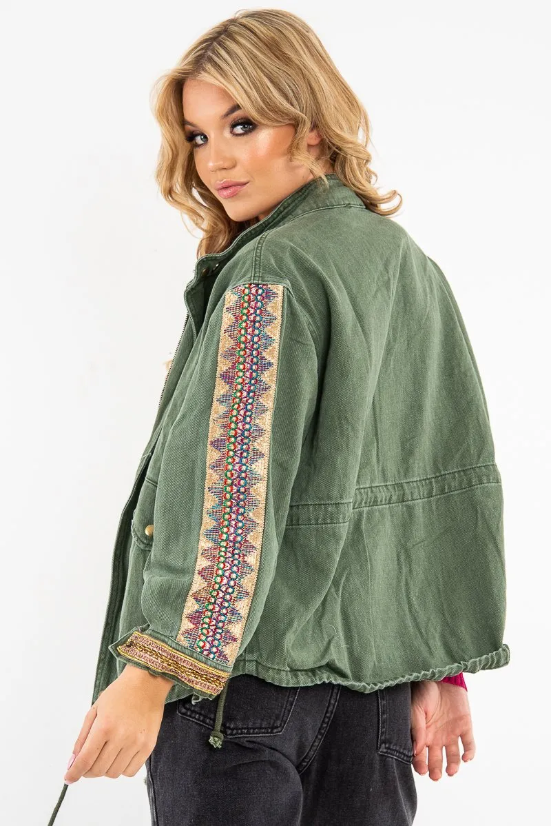 Jacket Embroidered Parka Custom-built Detail Sleeve Khaki Denim - Kaori Top choice