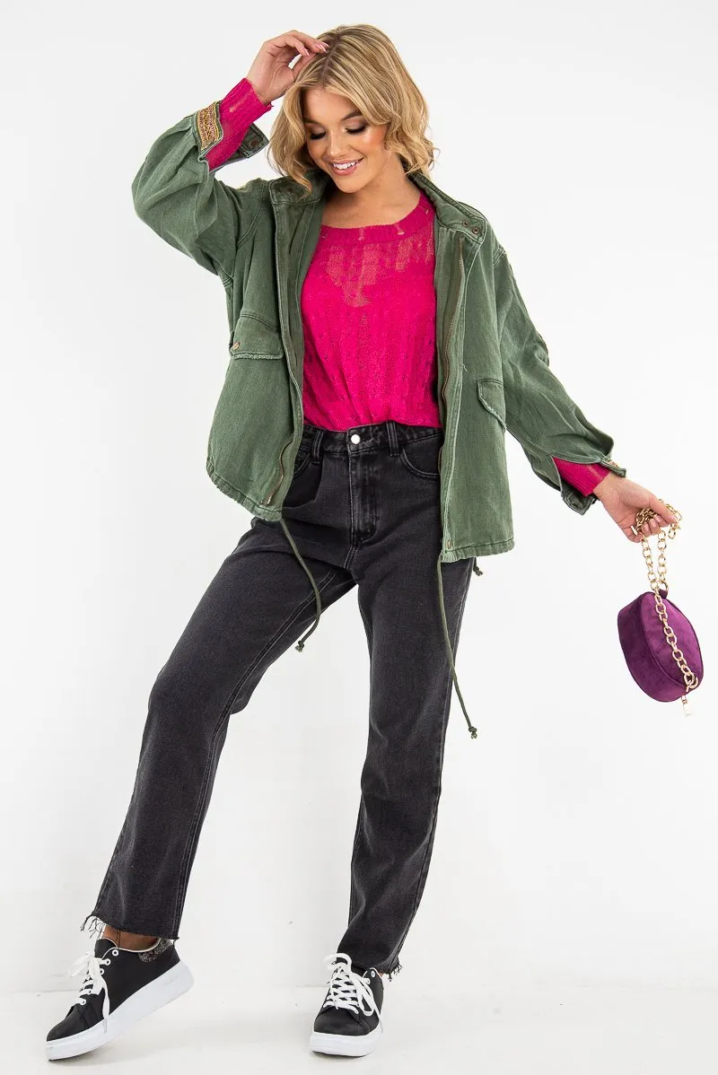 Jacket Embroidered Parka Custom-built Detail Sleeve Khaki Denim - Kaori Top choice