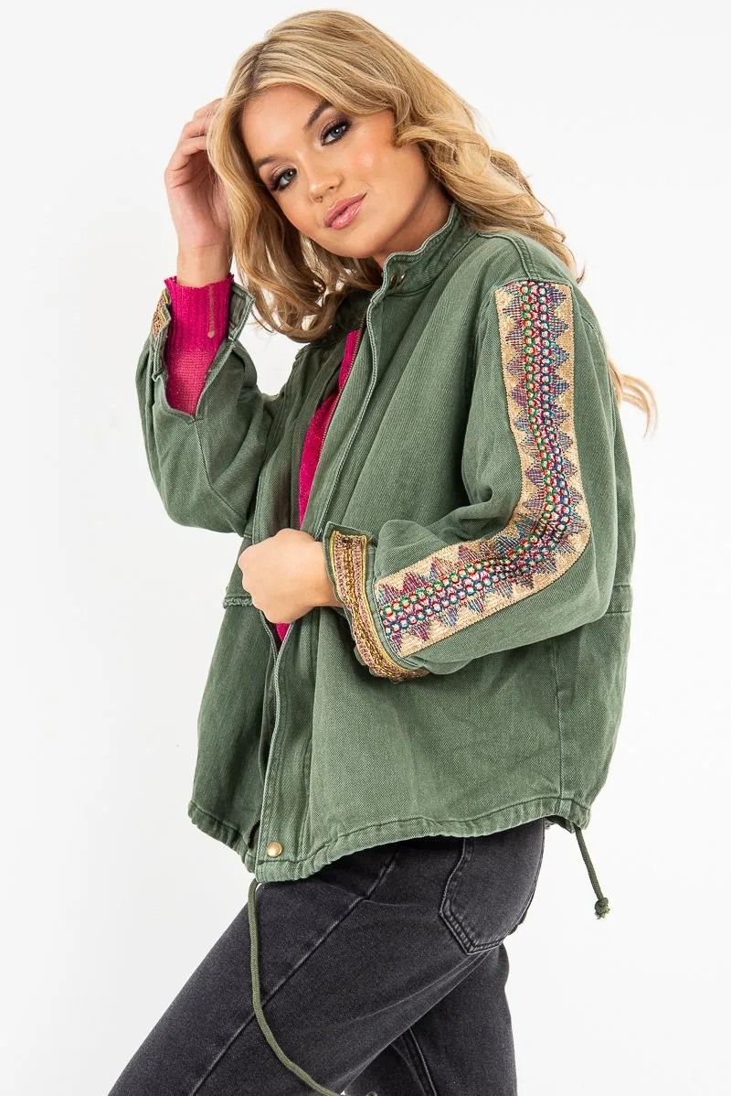 Jacket Embroidered Parka Custom-built Detail Sleeve Khaki Denim - Kaori Top choice