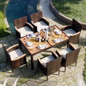 JAMFLY 7 Pieces Outdoor Patio Dining Set, Wicker Patio Furniture Set with Wood Table and 6 Chairs with Soft Cushions for Yard, Garden, Porch and Poolside (Brown)