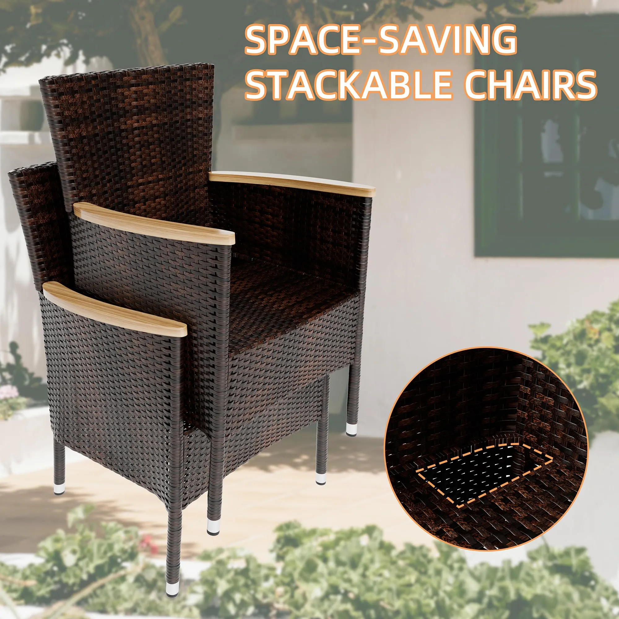 JAMFLY 7 Pieces Outdoor Patio Dining Set, Wicker Patio Furniture Set with Wood Table and 6 Chairs with Soft Cushions for Yard, Garden, Porch and Poolside (Brown)
