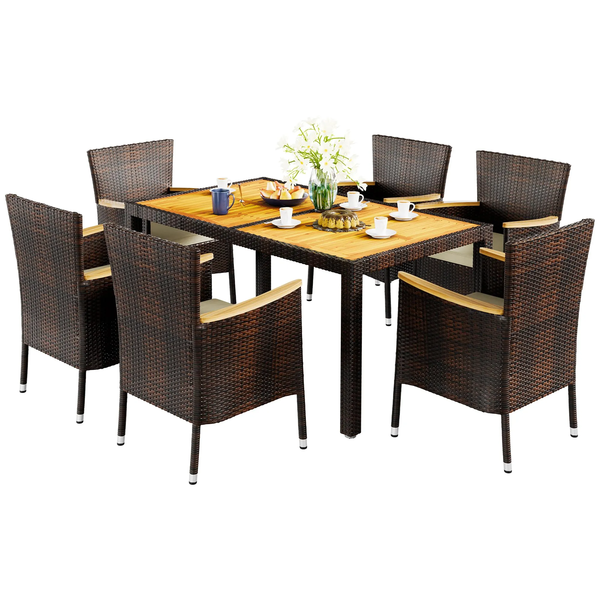 JAMFLY 7 Pieces Outdoor Patio Dining Set, Wicker Patio Furniture Set with Wood Table and 6 Chairs with Soft Cushions for Yard, Garden, Porch and Poolside (Brown)