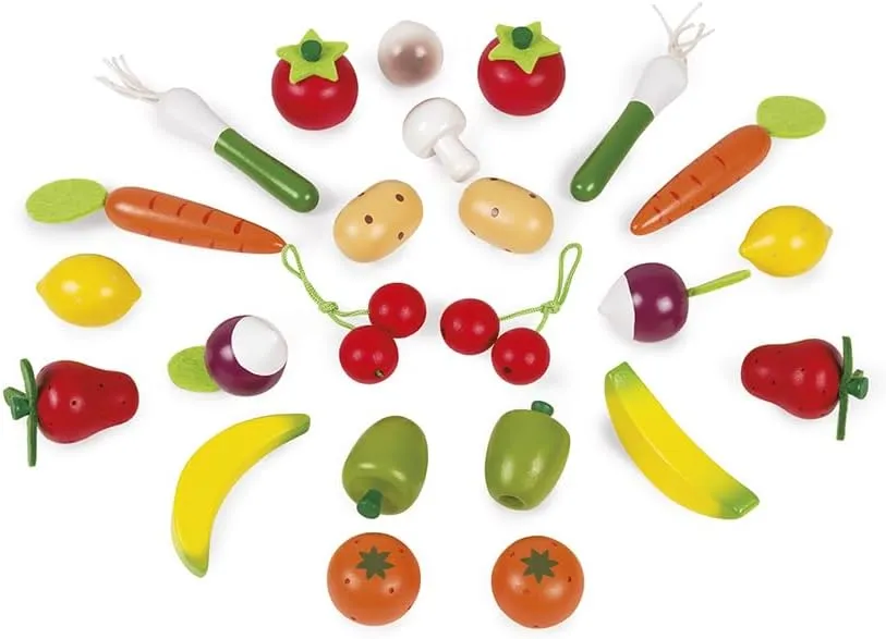 Janod 25 Piece Wooden Play Food Fruit and Vegetable Basket - Ages 3  - J05620