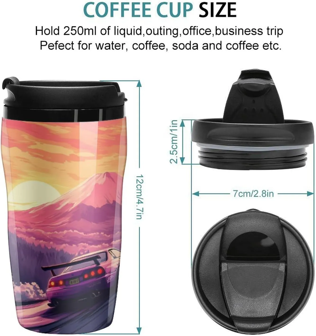 Japanese Car Racing Drifting Coffee Mug with Lid Portable Tumbler Water Bottle for Travel Business 250ml