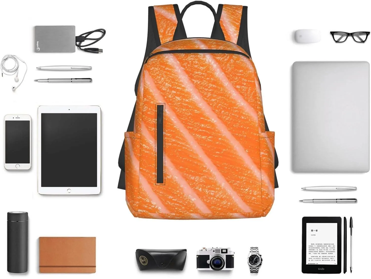 Japanese Salmon Sushi Sashimi Casual Backpacks Large Capacity Laptop Backpack Sports Rucksack Travel Daypack Adjustable Shoulder Strap Work Bag for Outdoor Camping