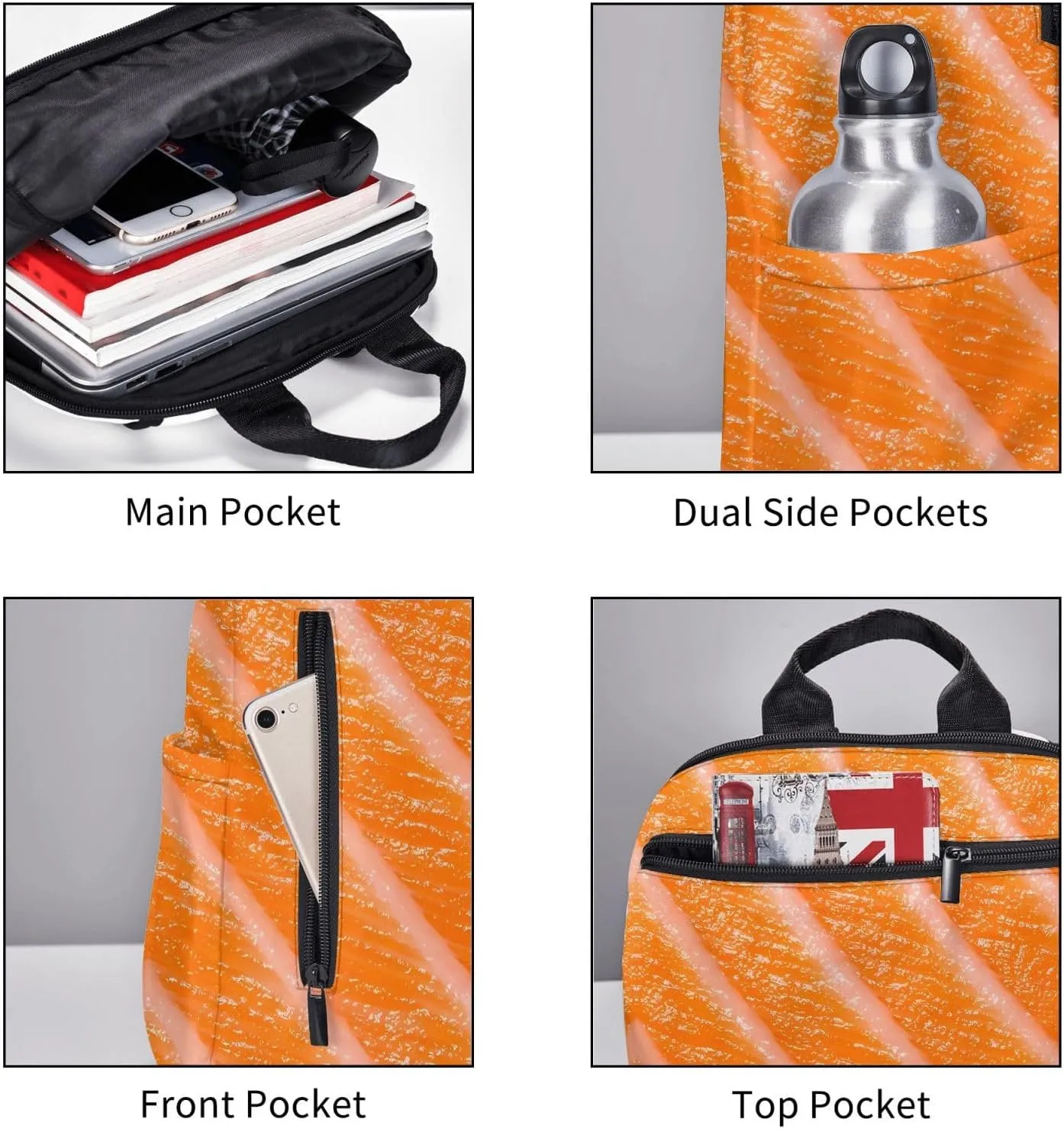 Japanese Salmon Sushi Sashimi Casual Backpacks Large Capacity Laptop Backpack Sports Rucksack Travel Daypack Adjustable Shoulder Strap Work Bag for Outdoor Camping