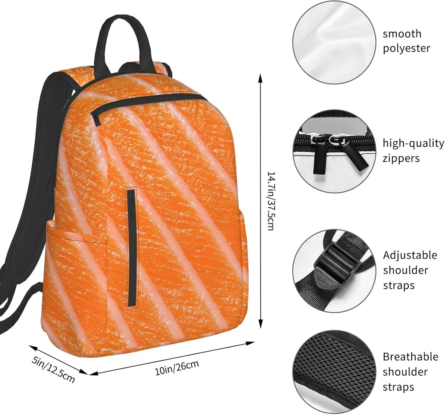 Japanese Salmon Sushi Sashimi Casual Backpacks Large Capacity Laptop Backpack Sports Rucksack Travel Daypack Adjustable Shoulder Strap Work Bag for Outdoor Camping