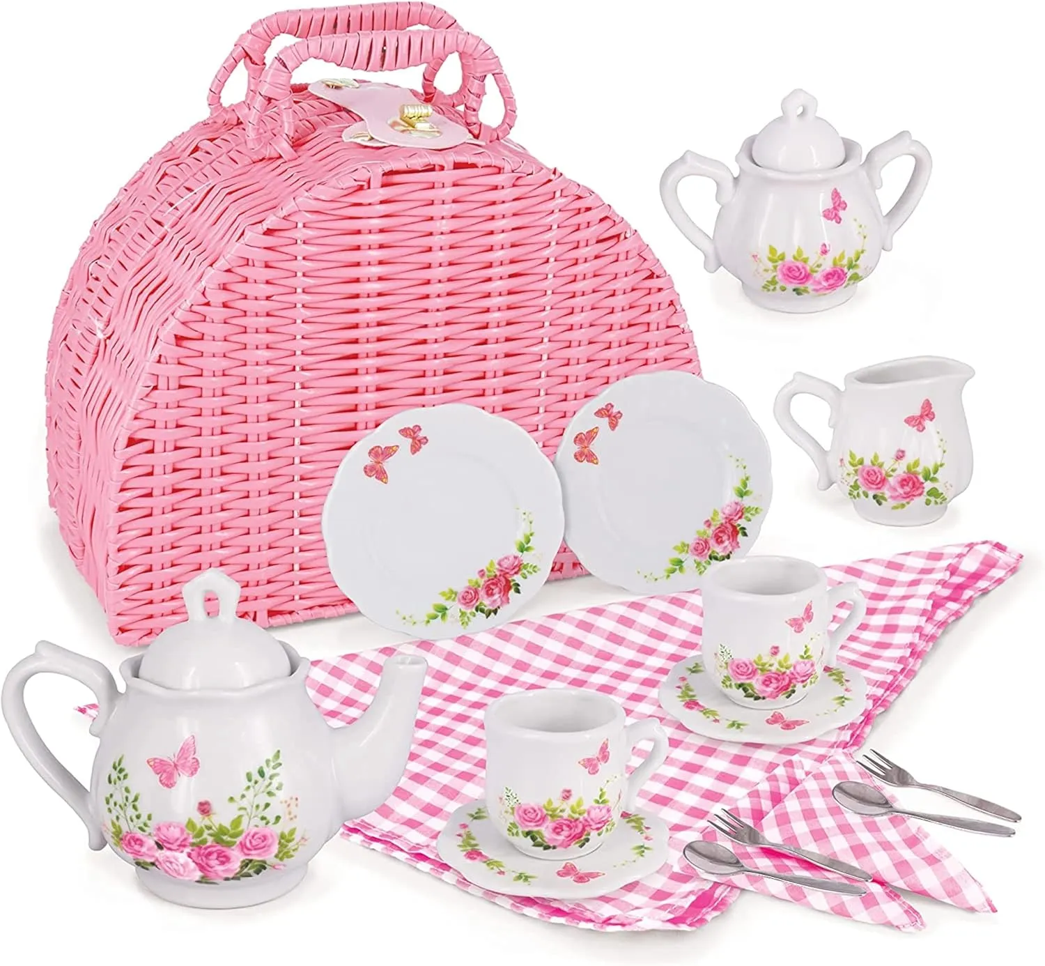 Jewelkeeper Tea Party Set for Little Girls - 18 Piece Toddler Tea Set with Floral Porcelain, Pink Wicker Basket, Utensils for Imaginative Pretend Play - Encourages Creativity and Social Skills