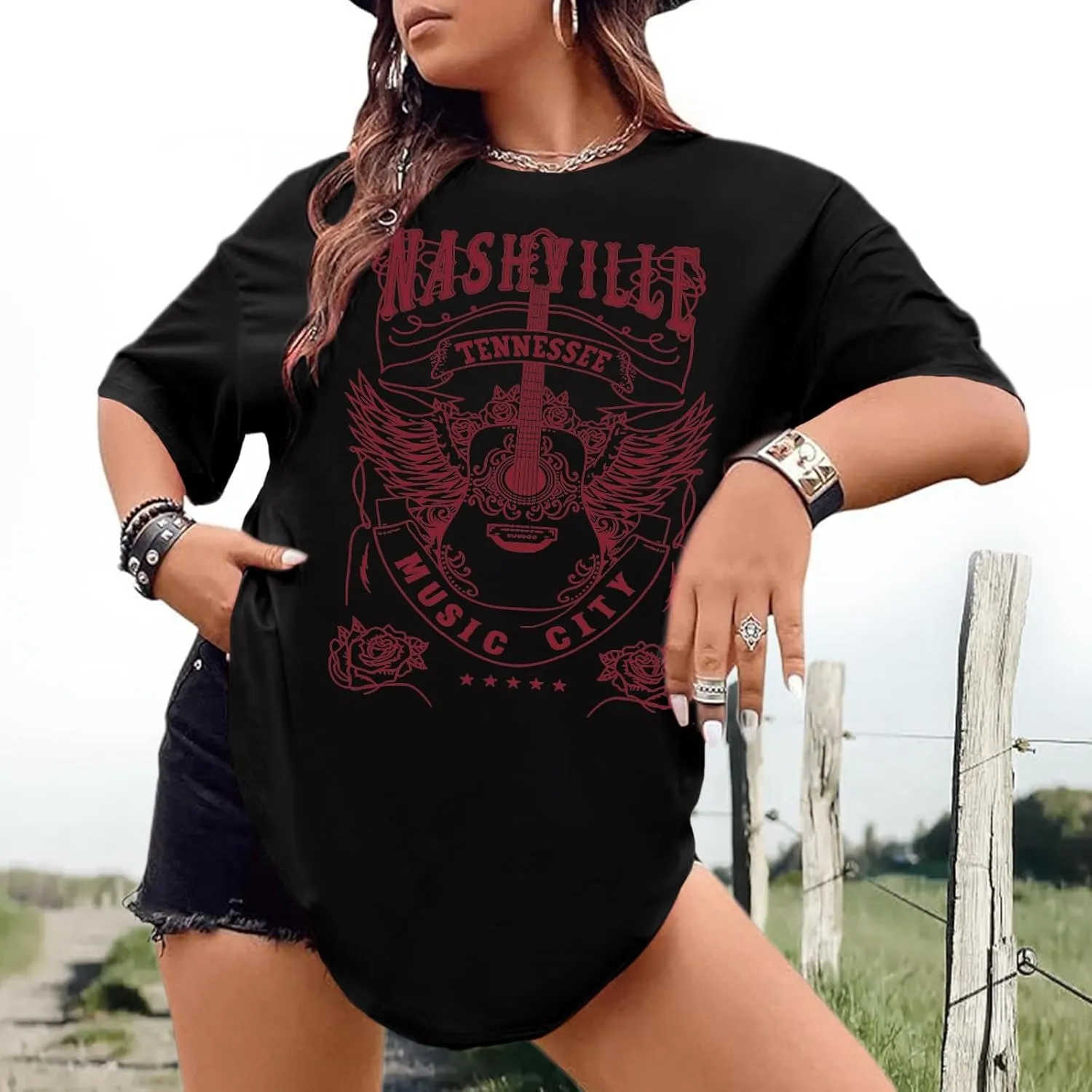 Jinluth Womens Western Nashville Tennessee T Shirt Vintage Cute Guitar Band Graphic Shirts Plus Size Music City Tee Tops