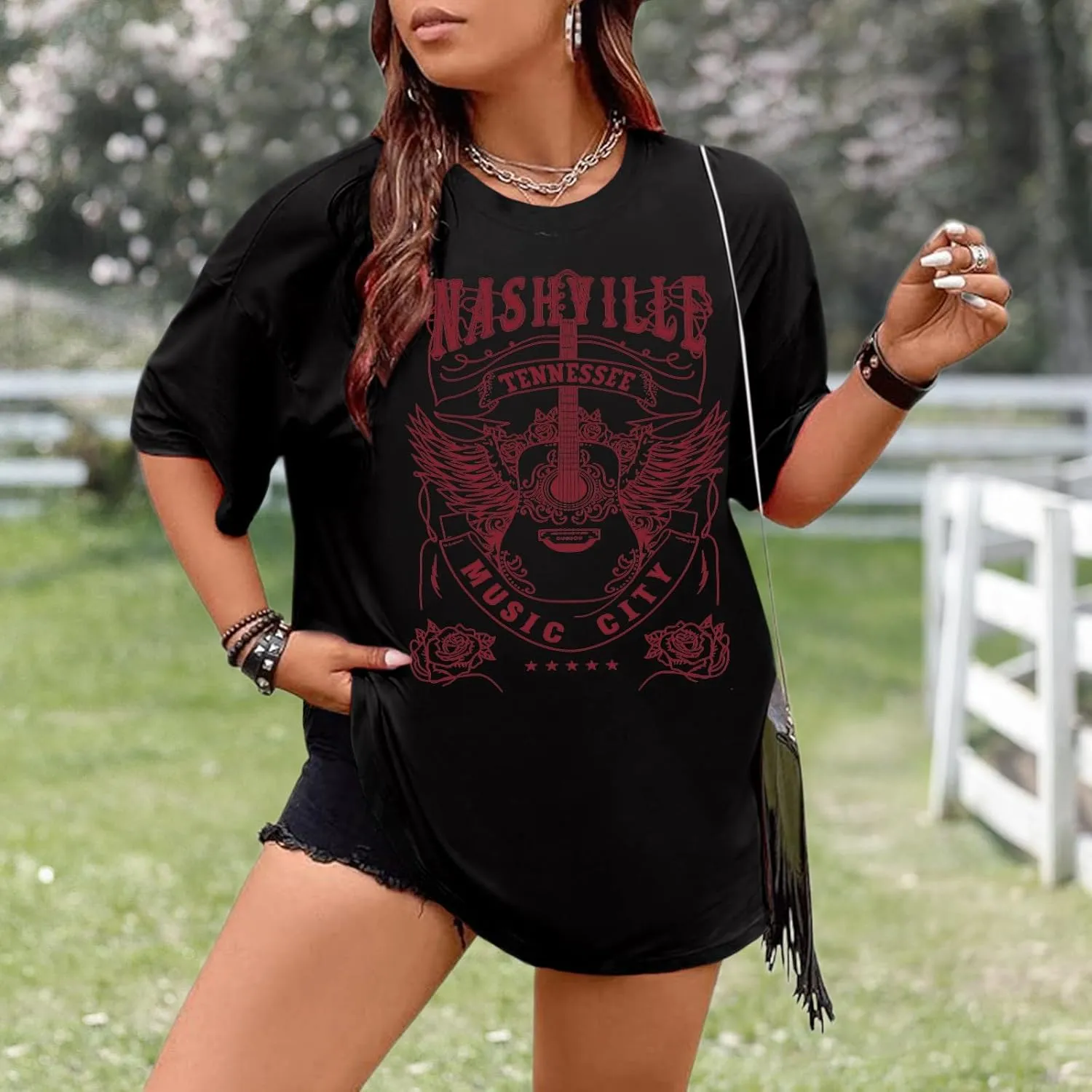 Jinluth Womens Western Nashville Tennessee T Shirt Vintage Cute Guitar Band Graphic Shirts Plus Size Music City Tee Tops