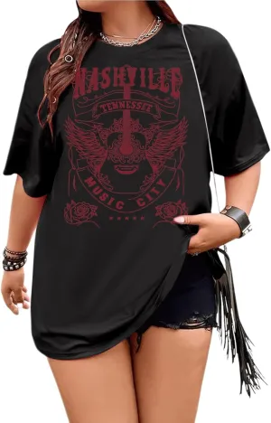 Jinluth Womens Western Nashville Tennessee T Shirt Vintage Cute Guitar Band Graphic Shirts Plus Size Music City Tee Tops
