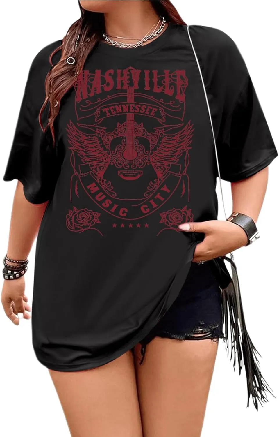 Jinluth Womens Western Nashville Tennessee T Shirt Vintage Cute Guitar Band Graphic Shirts Plus Size Music City Tee Tops