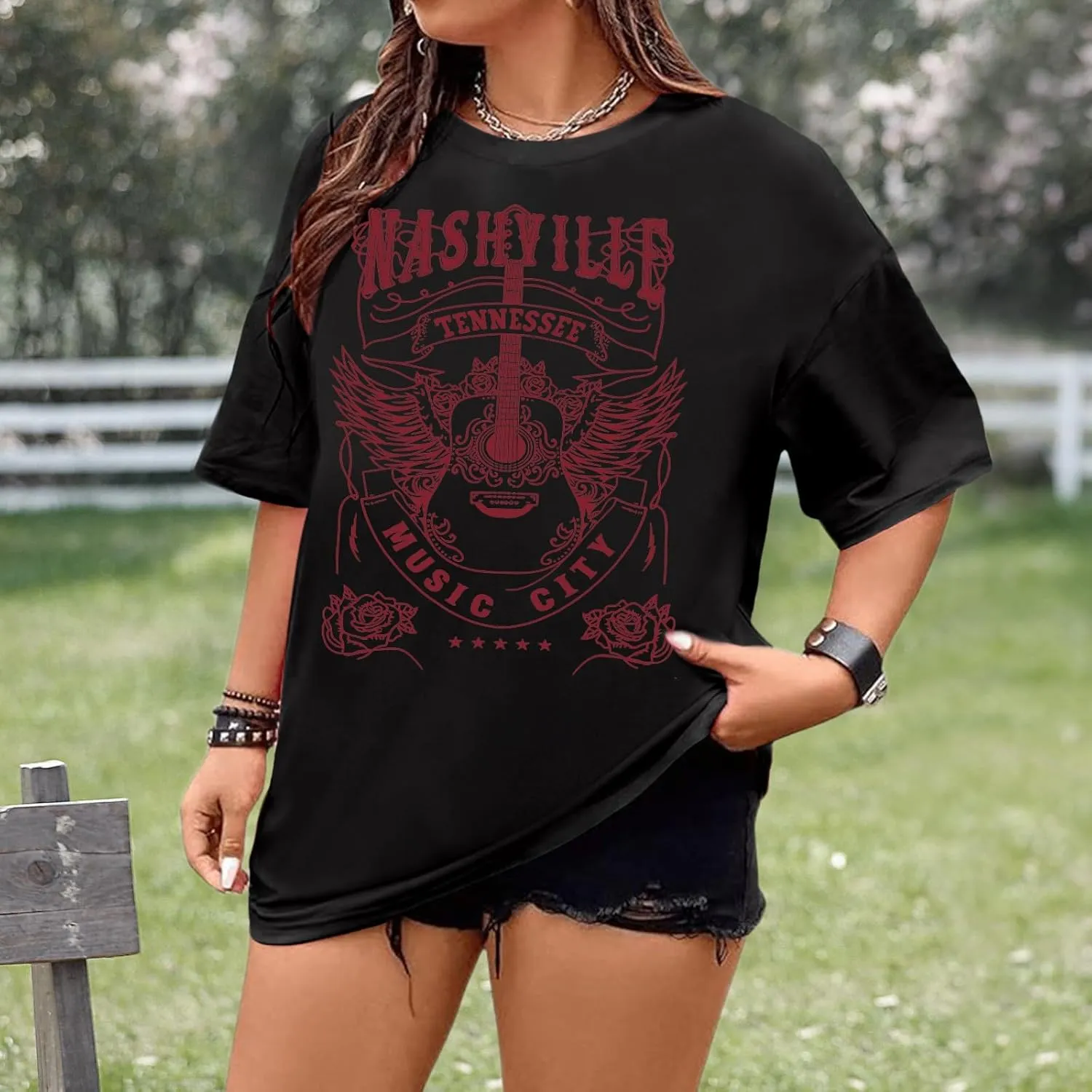 Jinluth Womens Western Nashville Tennessee T Shirt Vintage Cute Guitar Band Graphic Shirts Plus Size Music City Tee Tops