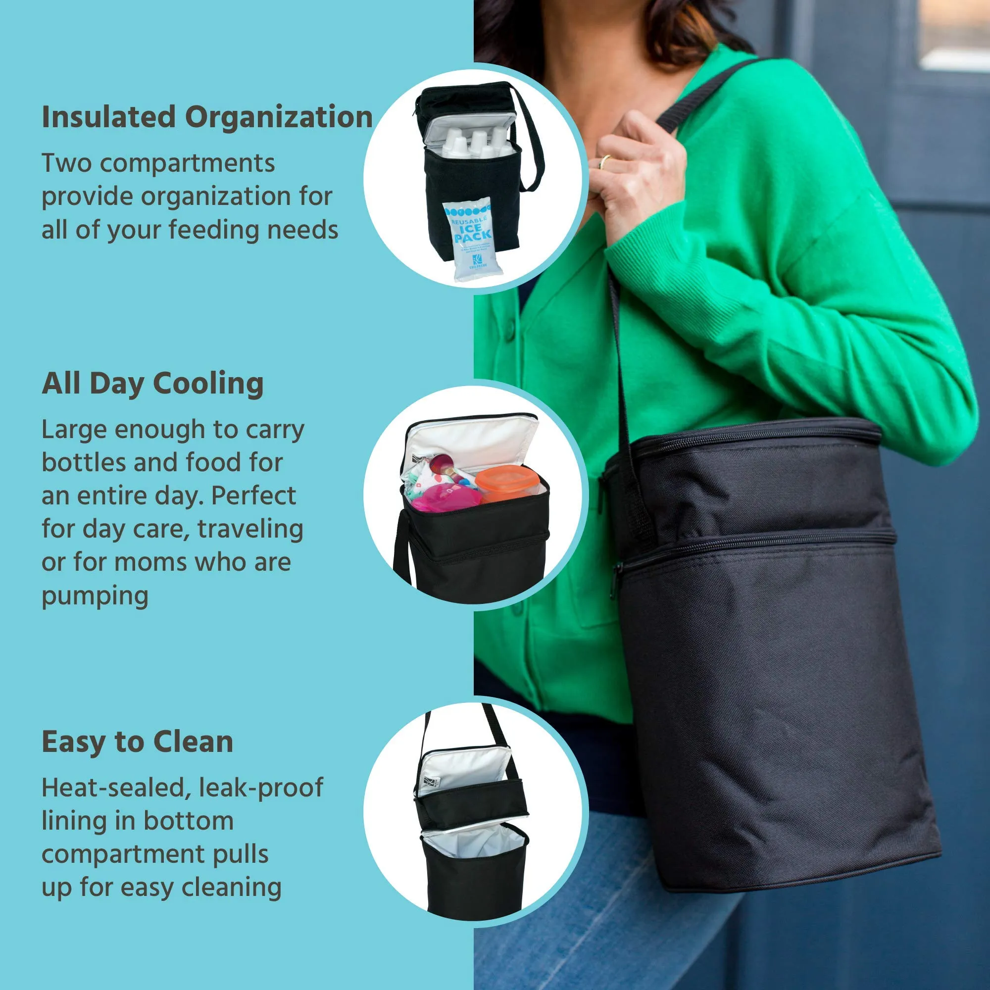 J.L Childress 6 Bottle Cooler, Insulated Breastmilk Cooler and Lunch Bag for Baby Food and Bottles, Leak-Proof and Heat-Sealed, Ice Pack Included