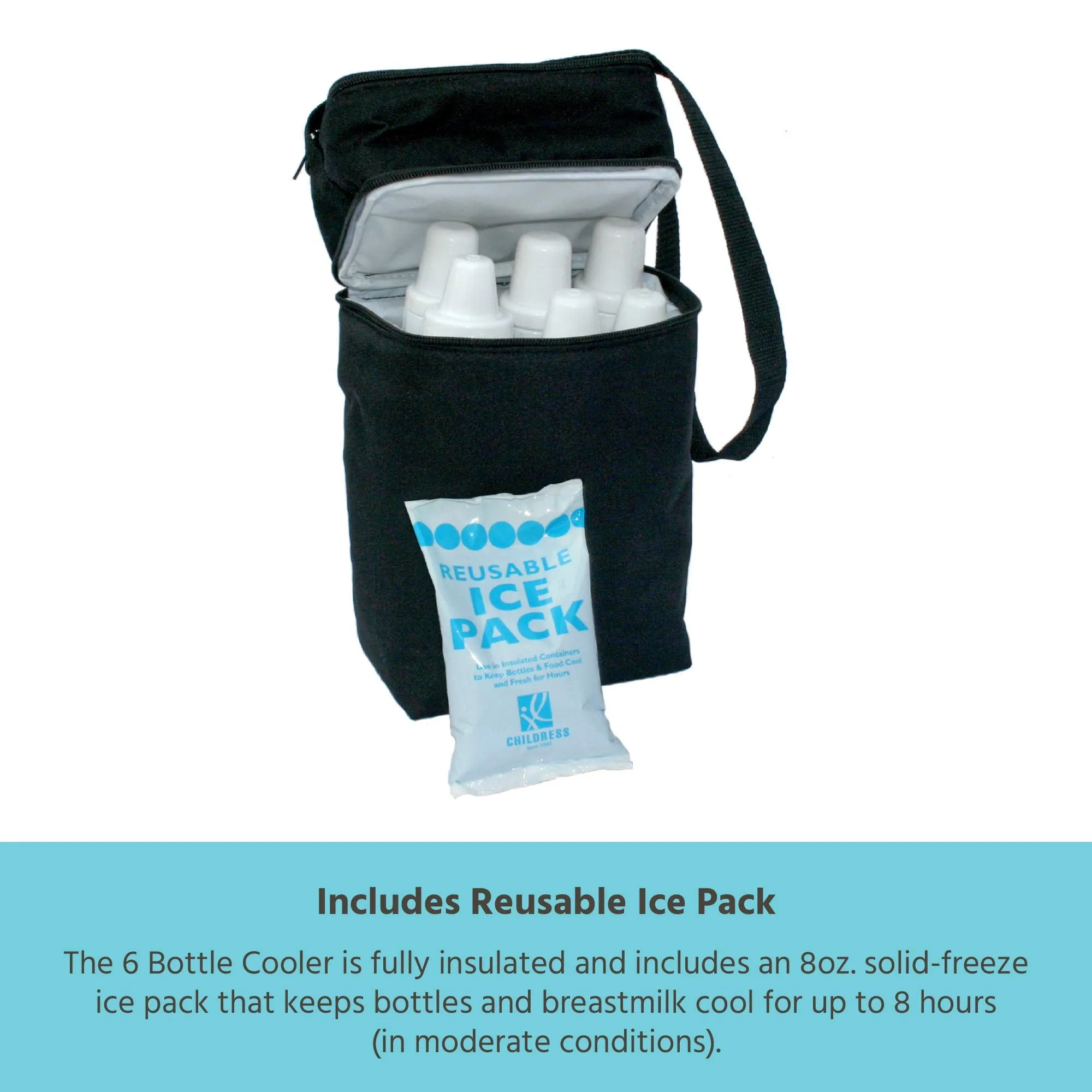 J.L Childress 6 Bottle Cooler, Insulated Breastmilk Cooler and Lunch Bag for Baby Food and Bottles, Leak-Proof and Heat-Sealed, Ice Pack Included