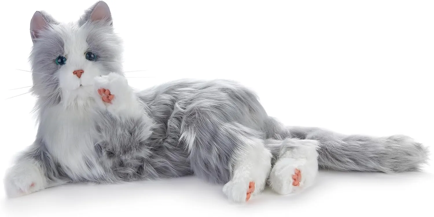JOY FOR ALL Companion Pet for Seniors - Lifelike Animatronic Cat - Realistic Soft-Touch Fur & Purring - Therapy Stuffed Animal - Toy for Alzheimer's & Dementia - Silver w/White