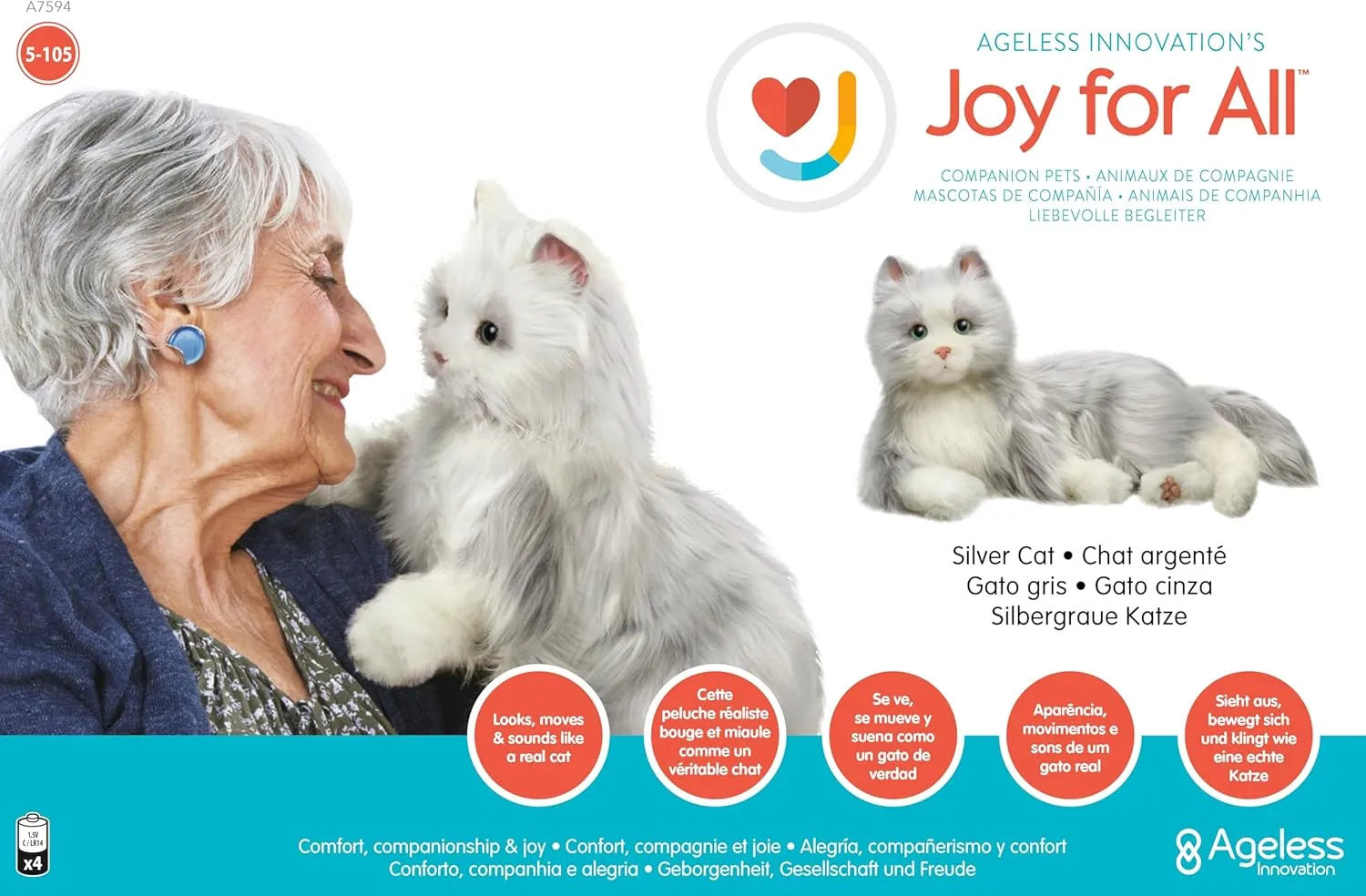 JOY FOR ALL Companion Pet for Seniors - Lifelike Animatronic Cat - Realistic Soft-Touch Fur & Purring - Therapy Stuffed Animal - Toy for Alzheimer's & Dementia - Silver w/White