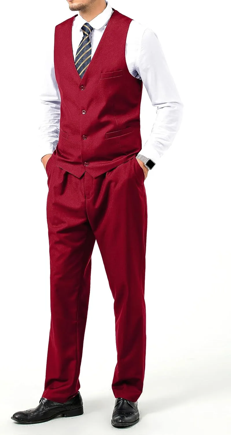 JPF Men's 2 Piece Slim Fit Suit Set, Solid Vest and Pants Suit for Men with Tie