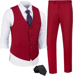 JPF Men's 2 Piece Slim Fit Suit Set, Solid Vest and Pants Suit for Men with Tie