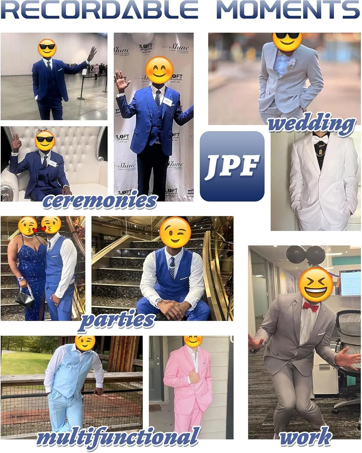 JPF Men's 2 Piece Slim Fit Suit Set, Two Button Solid Jacket Pants with Tie Suits for Men