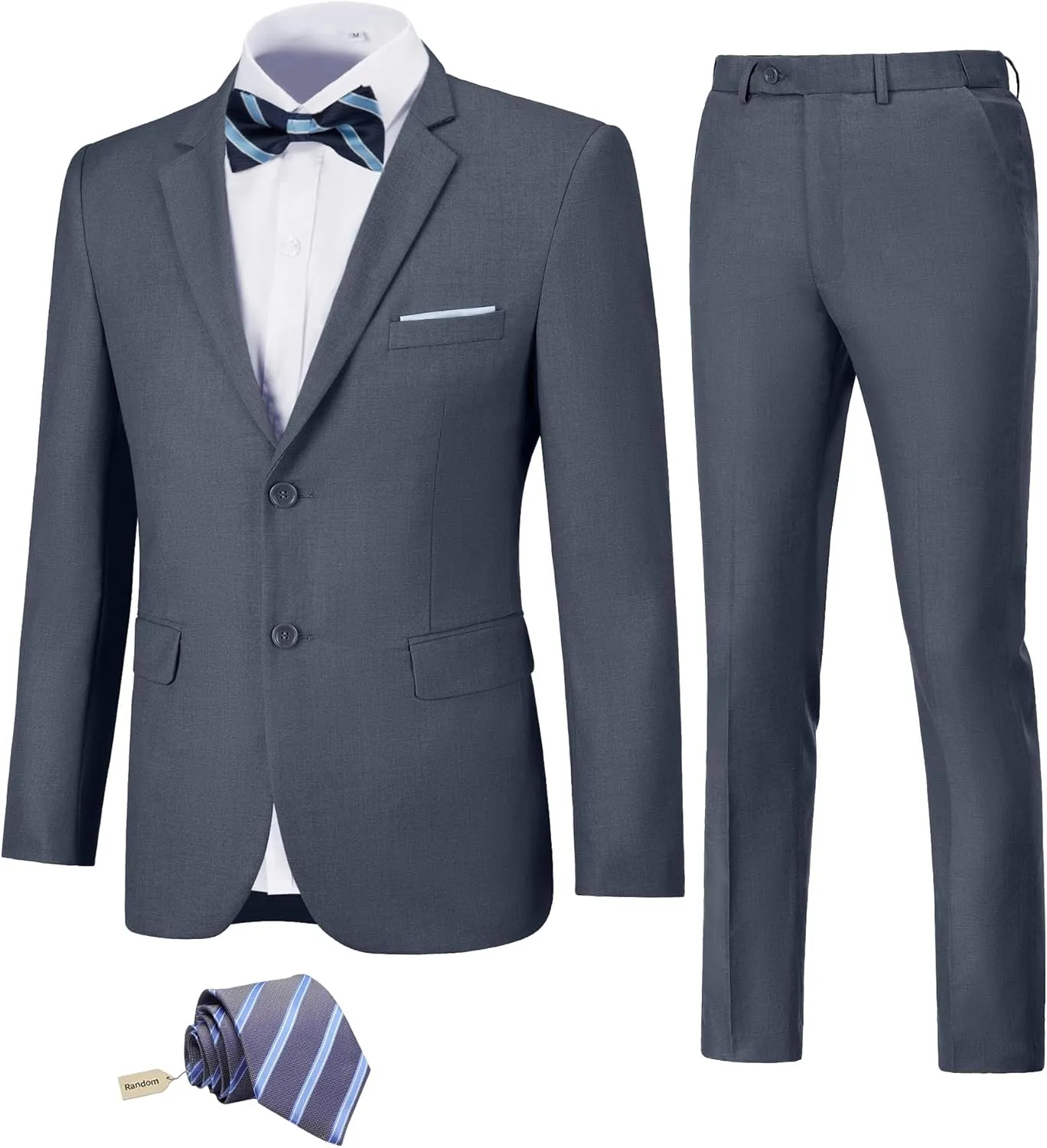 JPF Men's 2 Piece Slim Fit Suit Set, Two Button Solid Jacket Pants with Tie Suits for Men