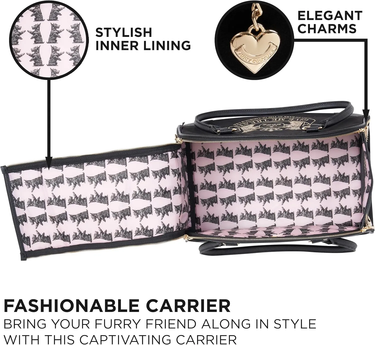 Juicy Couture Give Me Treats Pet Carrier - Stylish Black Travel Bag for Small Dogs and Cats