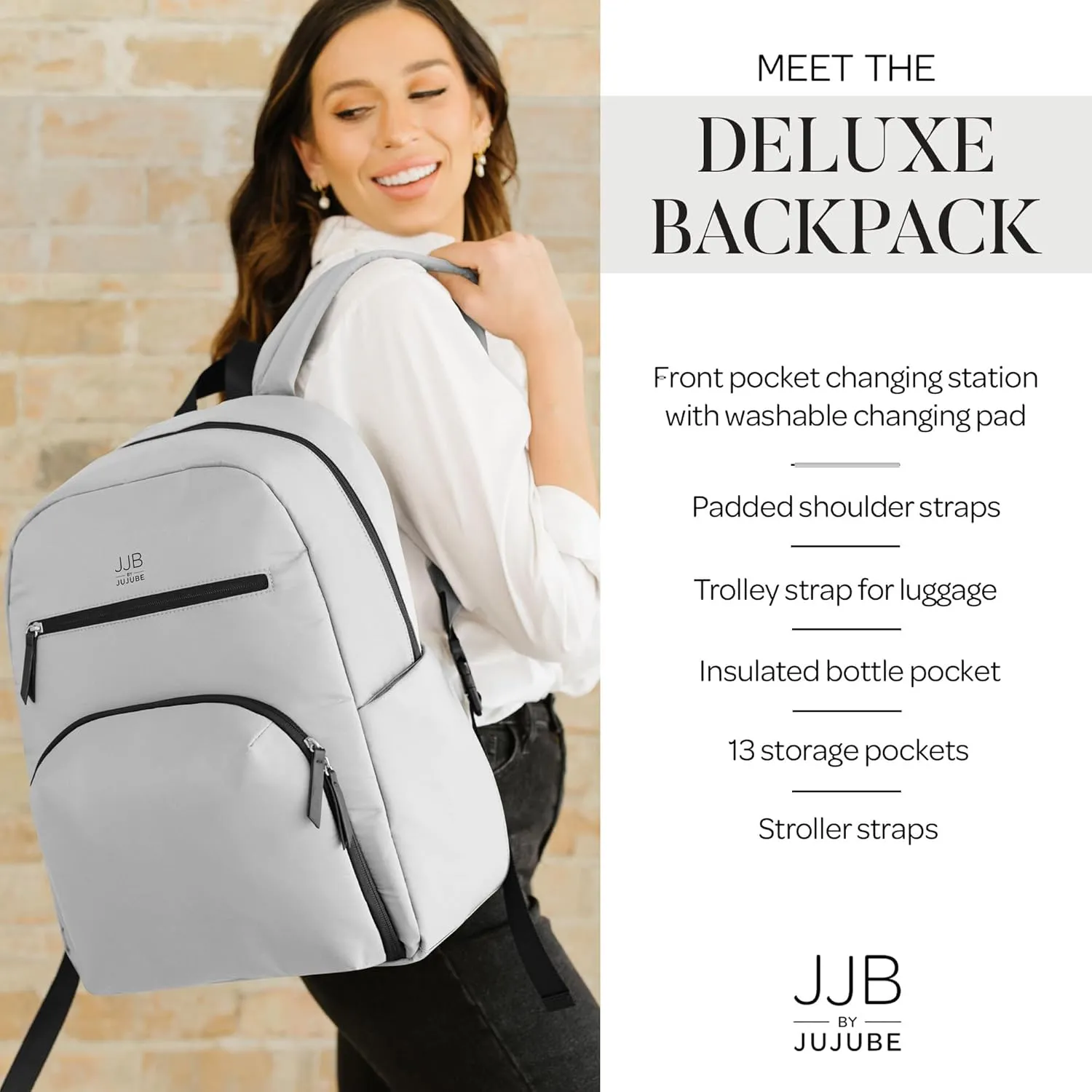 JuJuBe New Deluxe Diaper Bag Backpack with Portable Changing Pad, Stroller Straps, Large Travel Backpack for Boy or Girl, Carrying Baby Bottles, Diapers, Pacifiers, Grey, Mother's Day Gift
